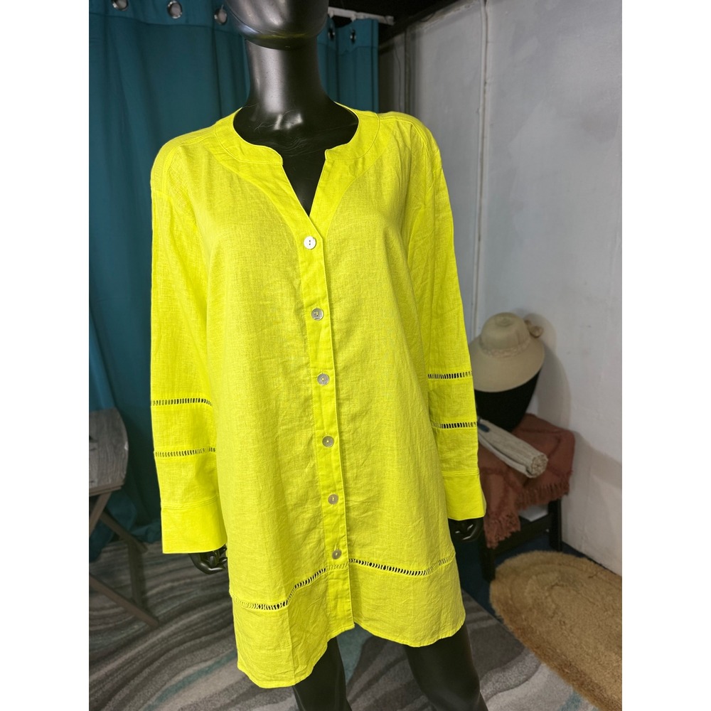 MULTIPLES Womens Neon Yellow Linen Blend Button Front V-Neck Shirt Tunic Top 3X